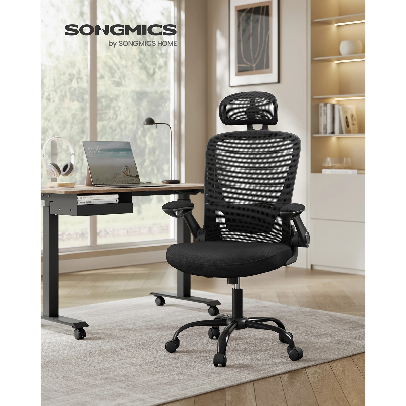 SONGMICS Office Chair, Mesh Desk Chair, Ergonomic Swivel Chair, Lumbar Support, Oscillating,53cm Seat,Foldable Armrests,Headrest