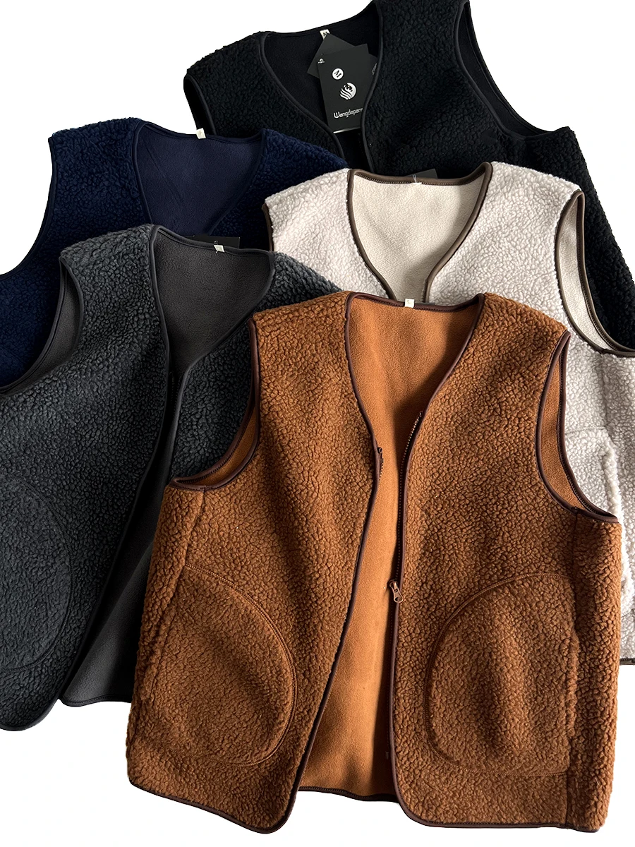 

Двусторонний жилет из овечьей шерсти, теплый, с V-образным вырезом, парный, осенне-зимняя верхняя одежда, молодежный стиль, полиэстер