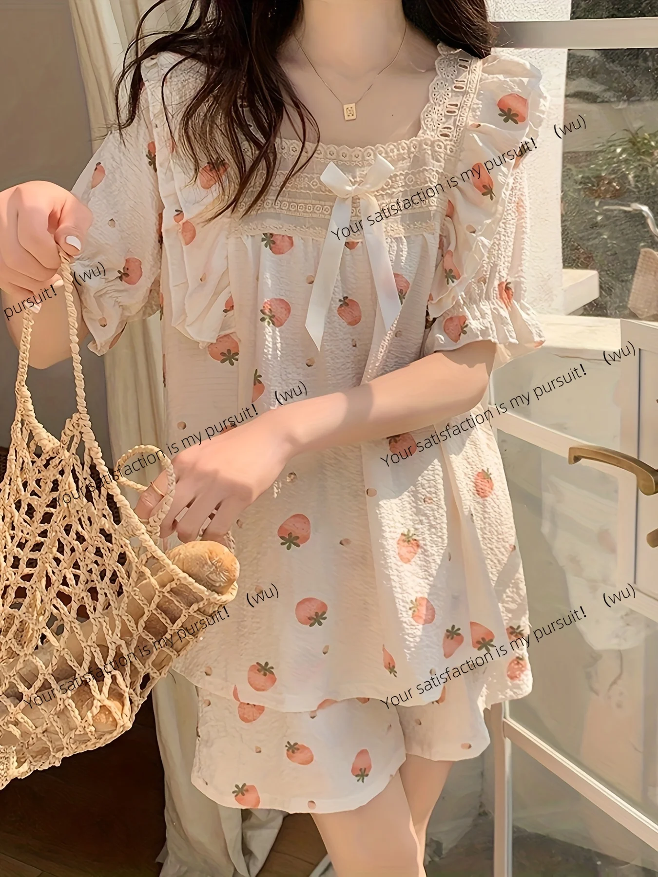 

ZOCI-Очаровательный комплект домашней одежды с клубничным принтом, мягкая ткань, детали с бантом, рукава-пузырьки, квадратный воротник