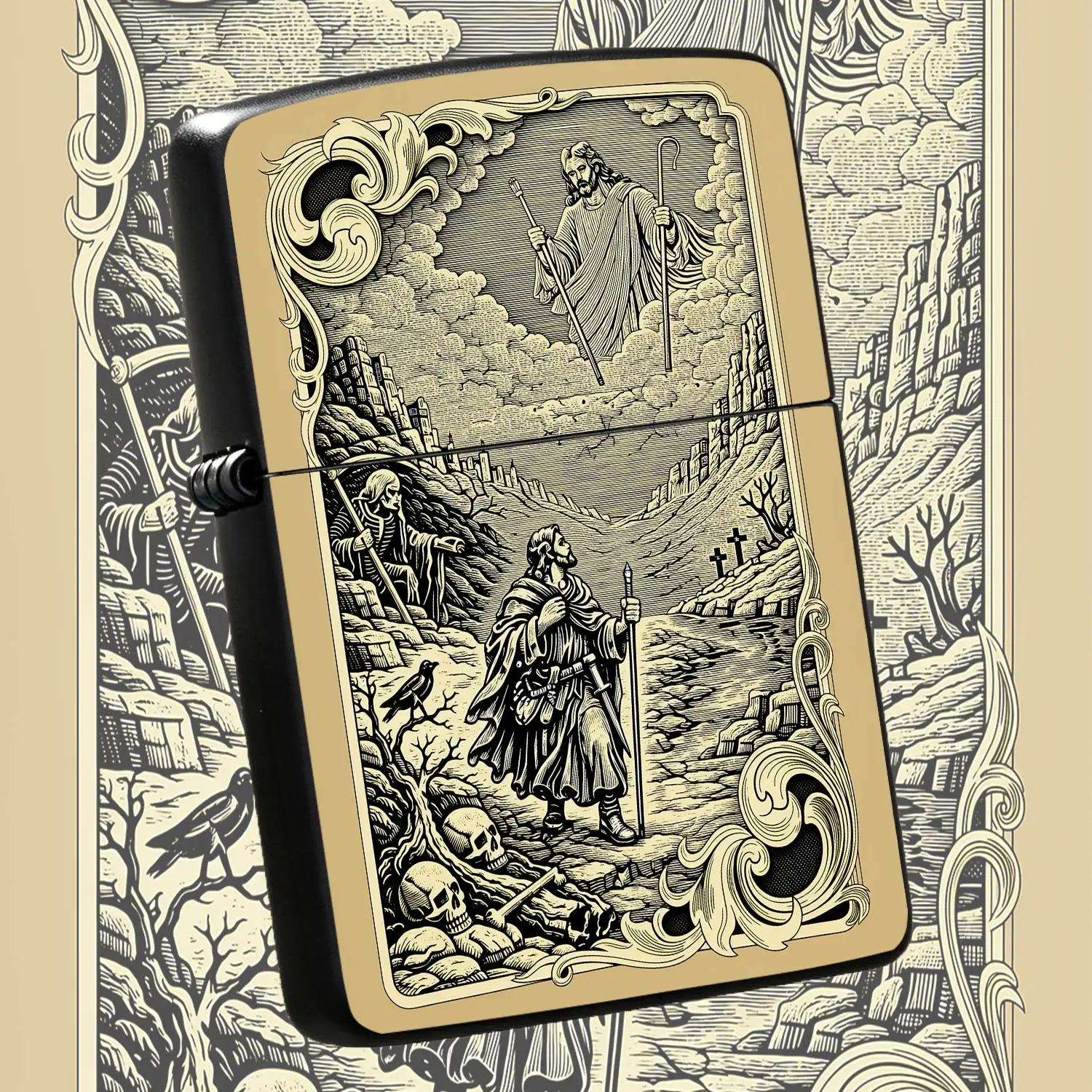 Vintage Engraving Style Pilgrimage Themed Portable Accessory, Dark Allegorical Art Decor For Daily Commute, Outdoor Trips, All Occasions, Unique Aesthetic Gift For Art Lovers And Collectors   A Humorous And Interesting Lighter