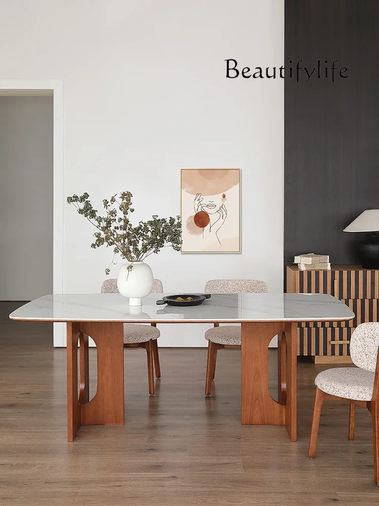 

household small apartment rectangular bright rock slab wood antique dining table Moon white dining table modern simple
