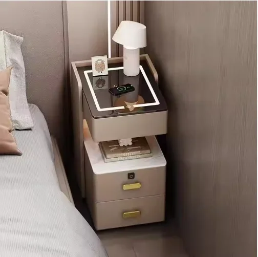 2026 Modern Smart Bedside Table Storage New Design Home Furniture Leather USB Type C Wireless Charging Port Small Side Table For