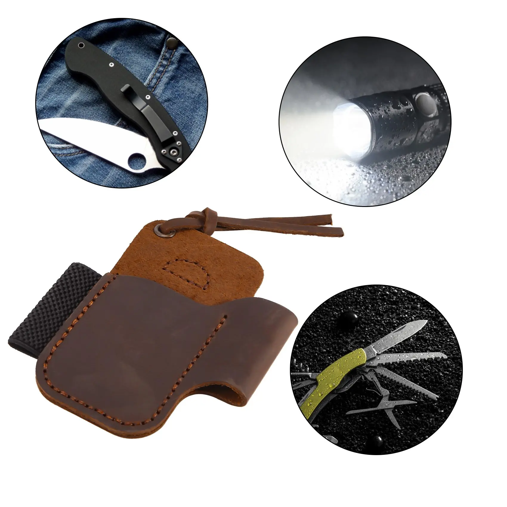 PZHI-Fodero in pelle fatto a mano Coltello pieghevole Porta torcia Strumento EDC