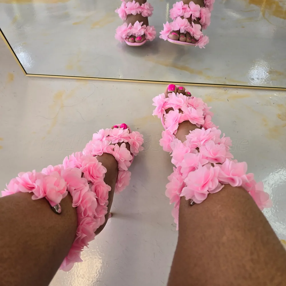 

Surrounding Lace Sexy Sandals Pink Flowers Thin High Heels for Women Open Toe Fashion Shoes for Summer 2025 Zapatos Para Mujere
