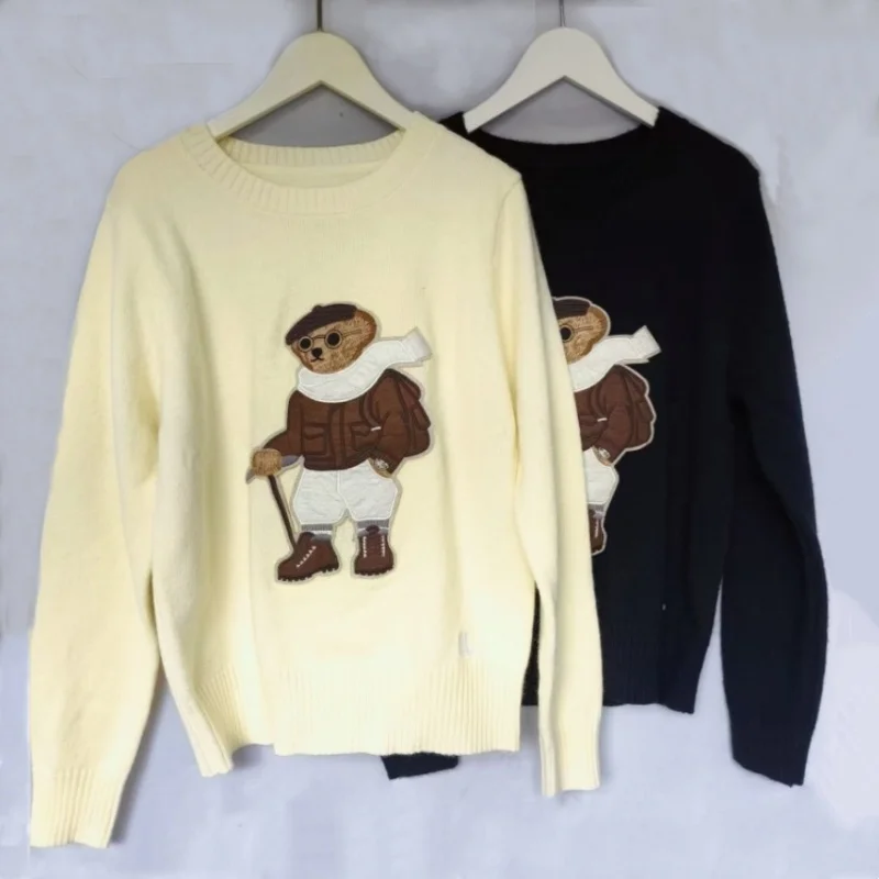 Fall Winter Knit Embroidery Women's RL Bear Pullover High-End Casual Long Sleeve O-Neck Women's lauren  Sweater Jacket Top