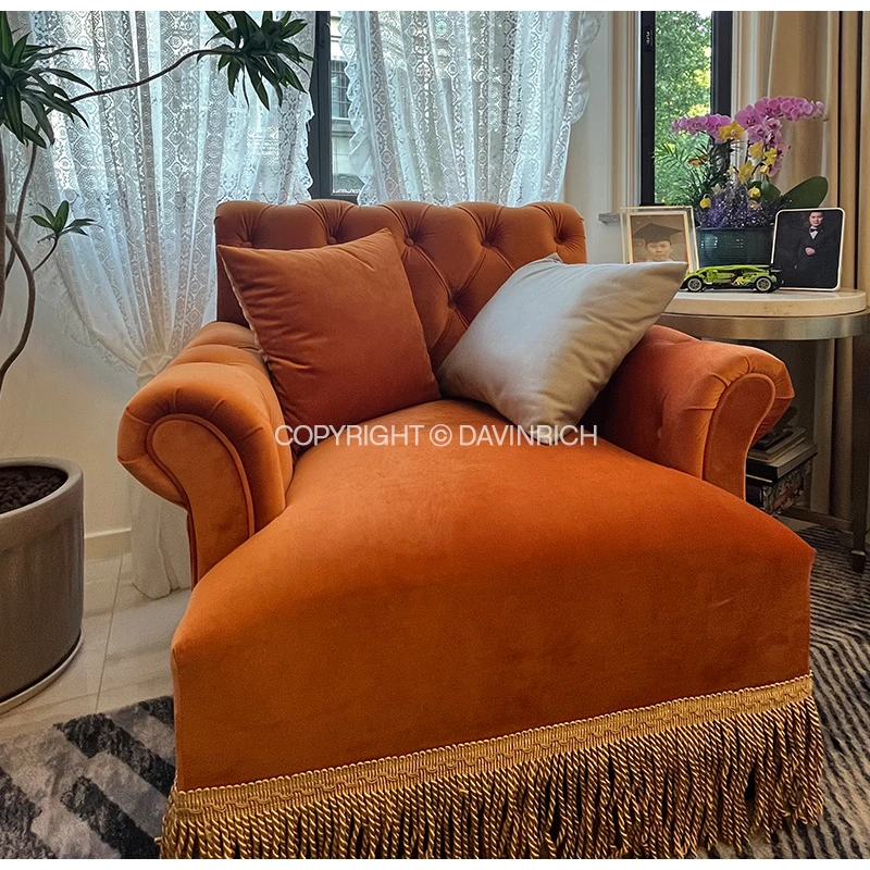 DAVINRICH Burnt Orange Velvet Armchair With Tassels American Style Retro Vintage Single Armrest Leisure Sofa Gorgeous Home Decor