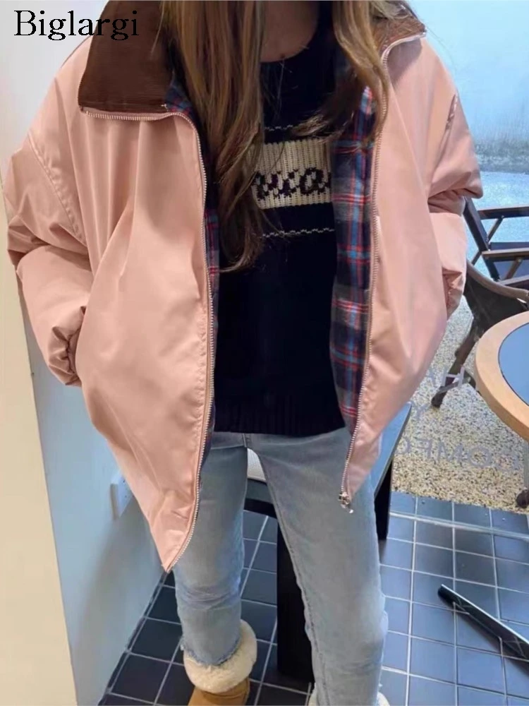 

Winter Pink Reversible Padded Cotton Coat Women Plaid Print Fashion Casual Loose Ladies Jackets Korean Style Woman Coats