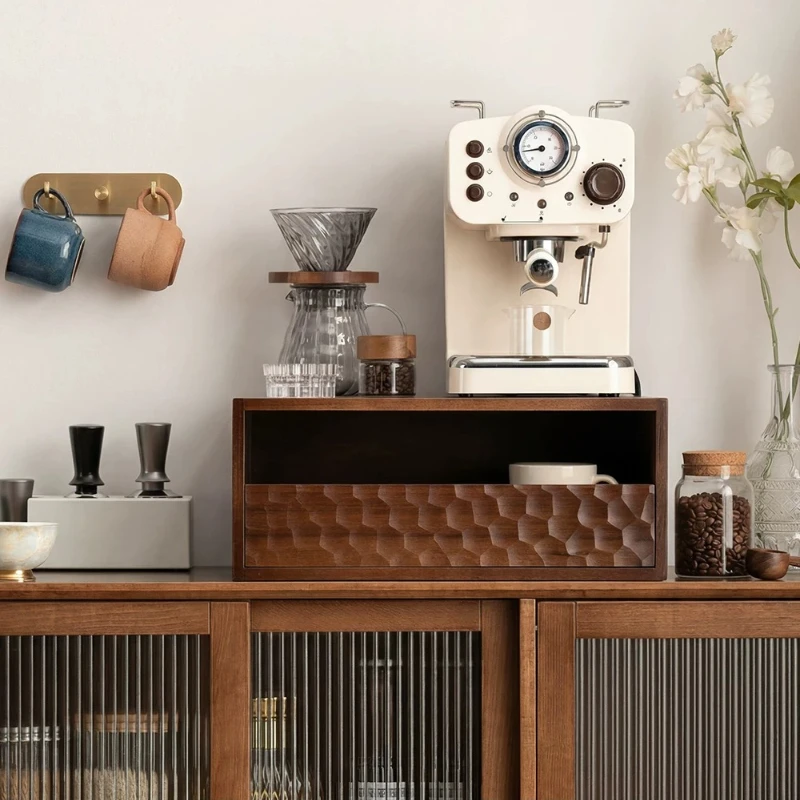 Mid-Century Coffee Machine Stand, Solid Wood Cup Storage Rack, Drawer Style Sideboard for Home, Aesthetic Kitchen Decor
