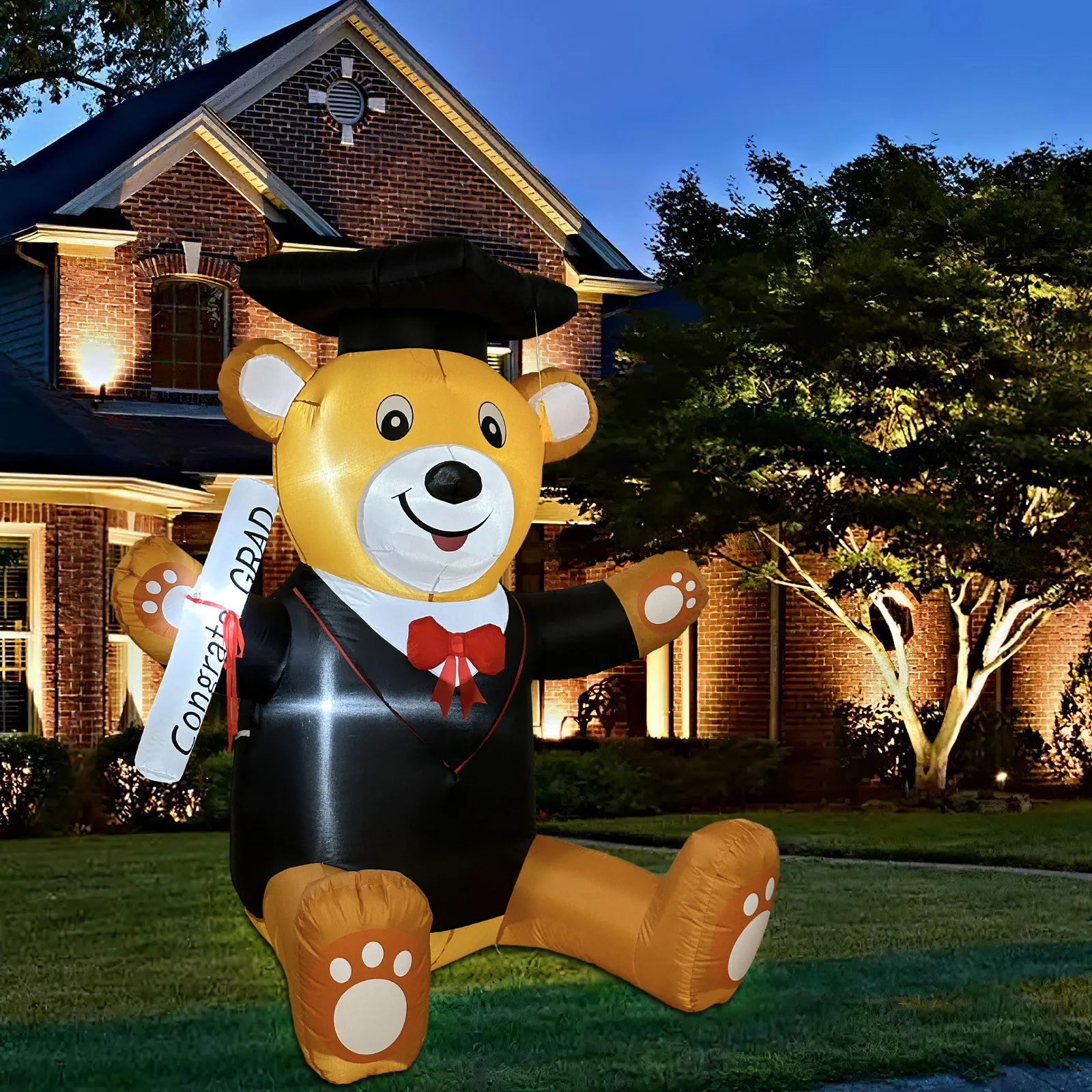 4 Ft Christmas Inflatable Teddy Bear with Cap Gown Diploma Build-in LEDs Blow Up Clearance for Holiday Party Decorations Toys