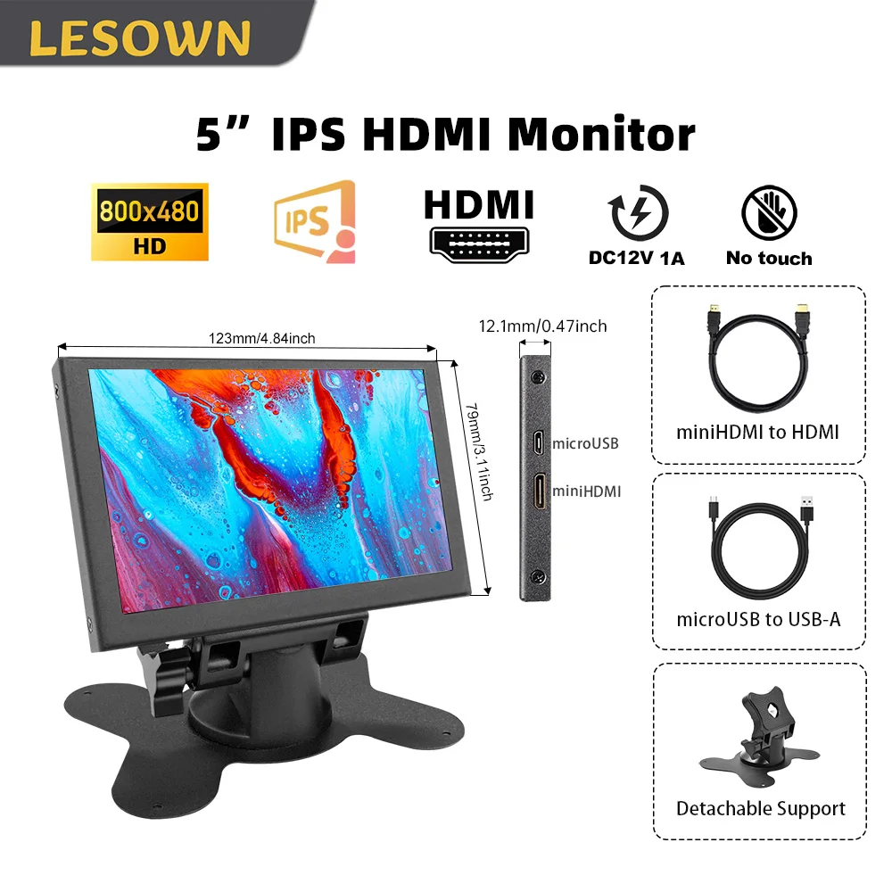 LESOWN Compacte 5-inch HDMI-monitor 800x480 IPS LCD Draagbaar extern display Kleine monitor voor werkgaming en doe-het-zelfprojecten PC