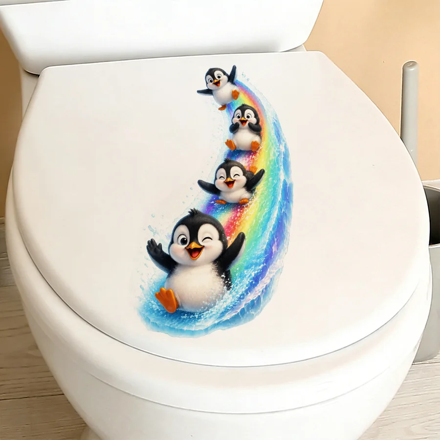 1/2Pcs Cute Penguin Toilet Lid Sticker with Waterproof Self Adhesive and Rainbow Print Perfect for Home Bathroom Kids Decoration