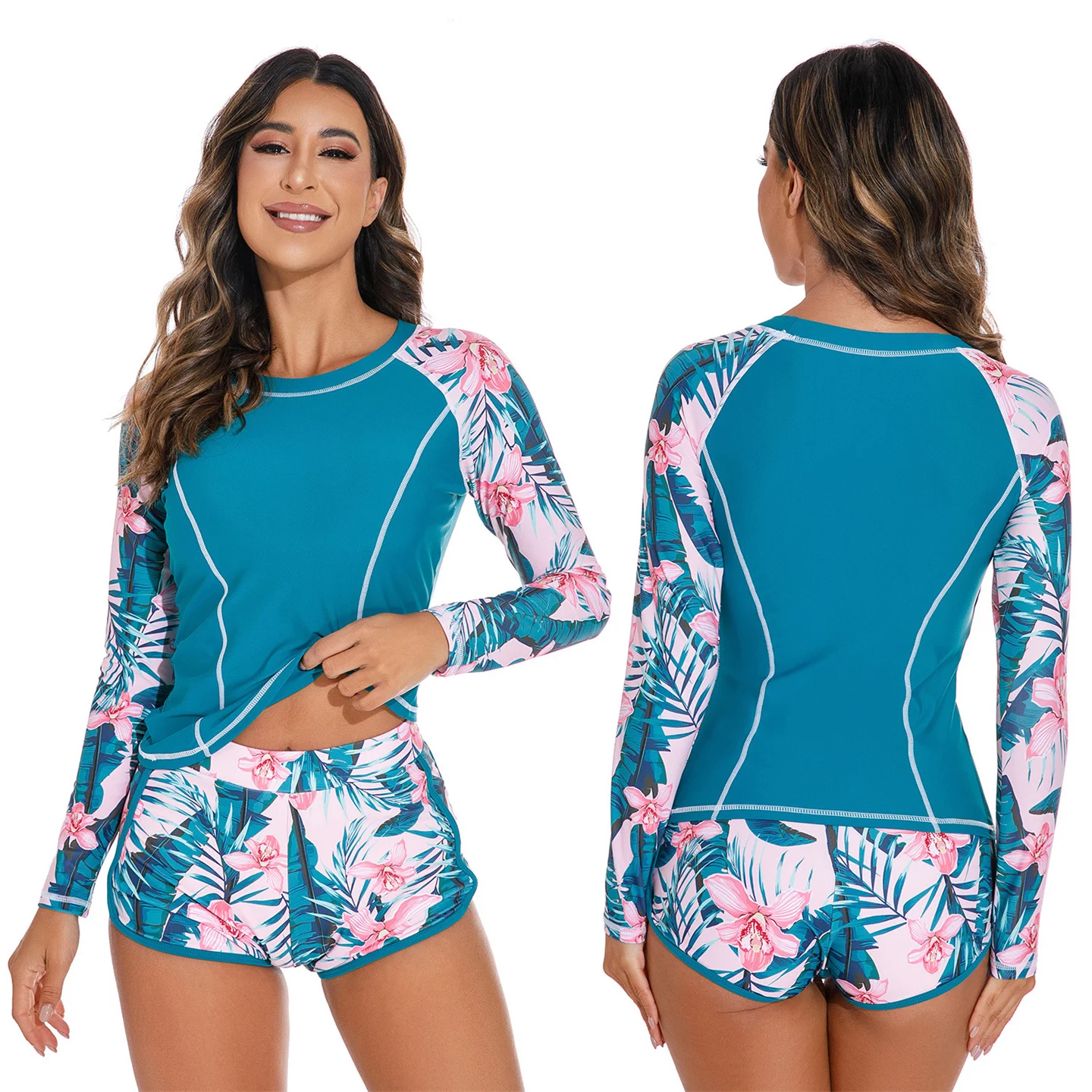 

Two Piece Separate Suit Summer Women Long Sleeved Flat Angle Shorts Rash Guards Surfing Bikini Snorkeling Windsurfing Swimwear