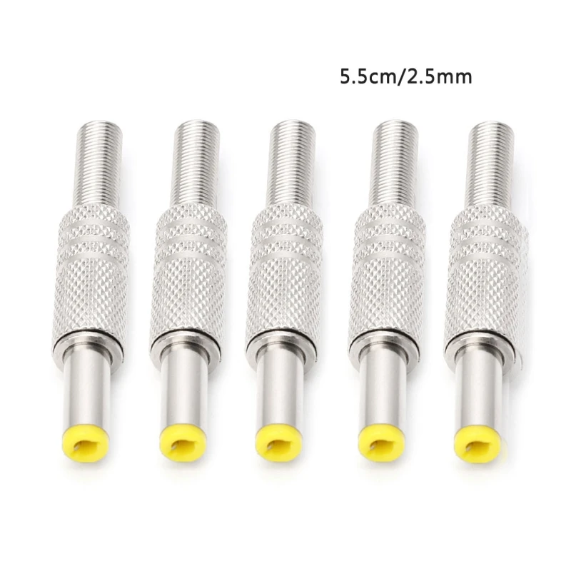 Metal 5 Pcs 5.5x2.5mm DC Power Jack Male Plug Metal Connector Adapter With Yellow Head