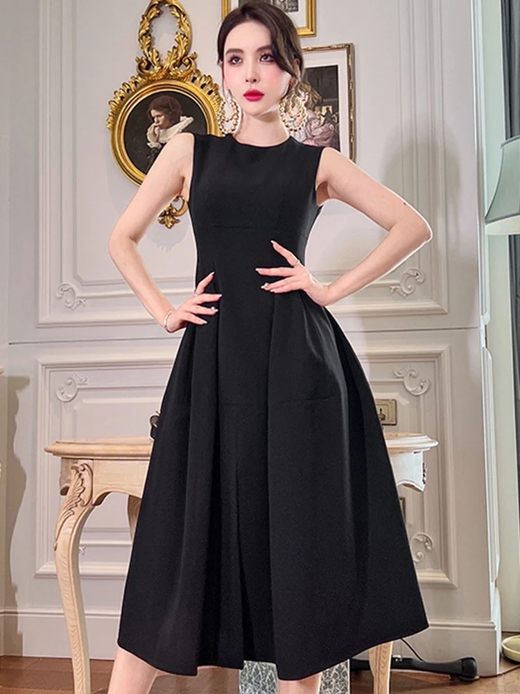 Black Elegant Women Evening Dress Temperament Simple O-Neck Sleeveless Slim Midi Party Club Prom Lady Robe Femme Mujer Vestidos