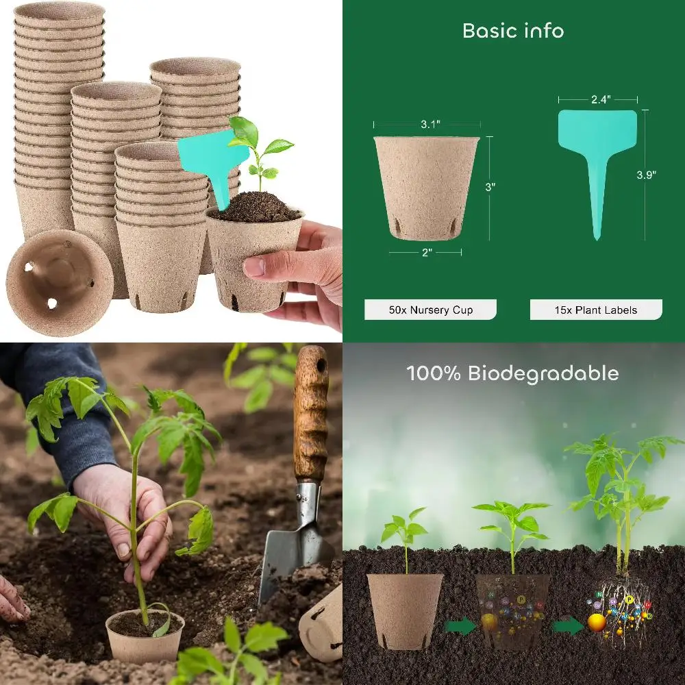 New 50 Packs 3 Inch Peat Pots Plant Starters  Seedling with 15 Pcs Plant Labels, Biodegradable Herb Seed Starter Pots Kits