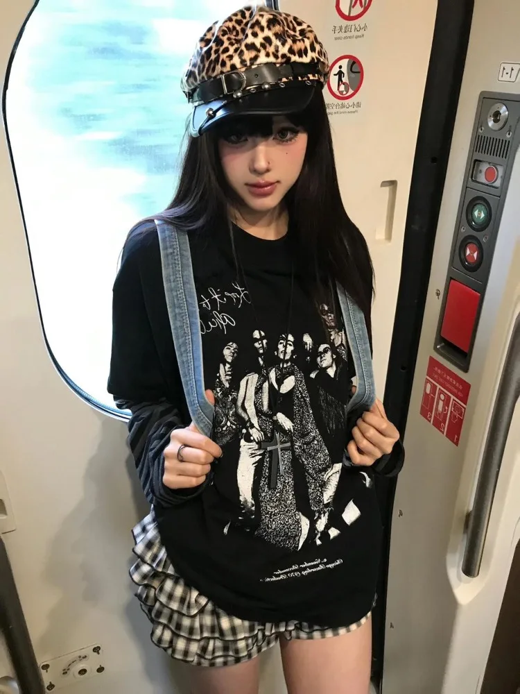 

Autumn Winter Y2K Subculture Print Fake Two-Piece T-Shirt Women Vinatage Fashion Slim Tees Casual Harajuku Retro Githic Tops New