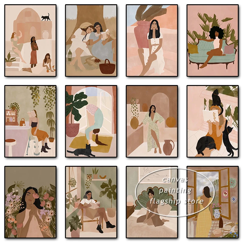 بوهو التوضيح ملصق طباعة قماش ، حياة المرأة السوداء ، وحدة الإناث ، جدار الفن ، صورة لغرفة المعيشة ، ديكور المنزل #1
