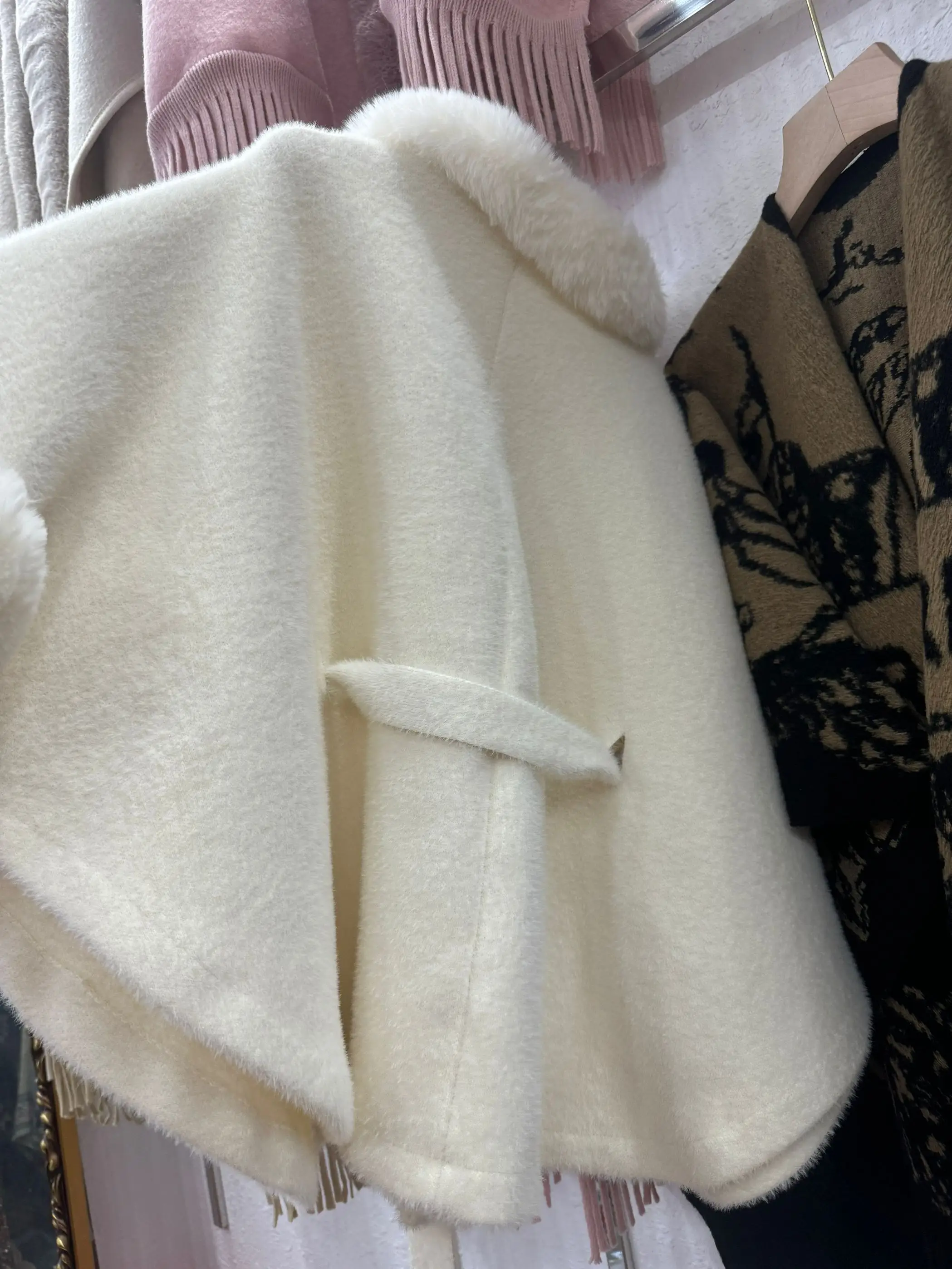 Women White Faux Fur Cashmere Cardigan Button Loose Cloak Winter Warm Woolen Poncho Cappa Batwing Sleeves Overcoat With Ball