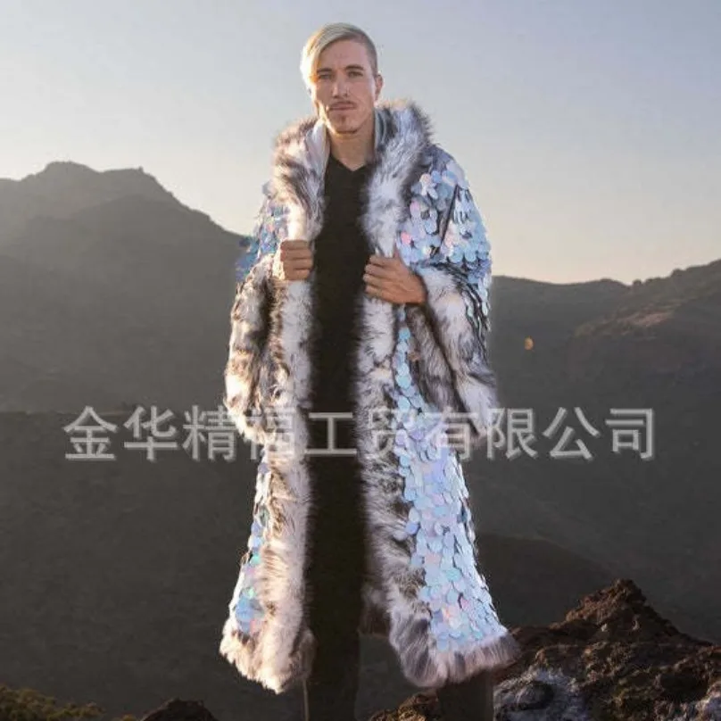 LED Mens Womens Faux Fur Coat Silver Sequins Faux Fur Coat Splicing Luminous Clothing Many Scenes Cosplay Halloween Christmas