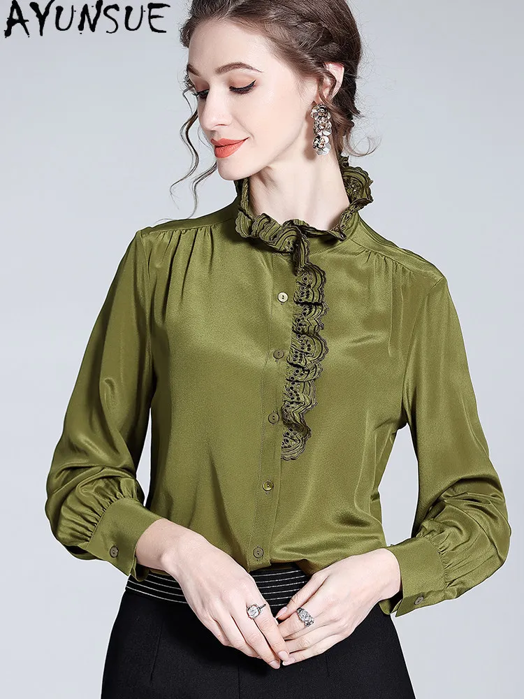 

AYUNSUE 100% Mulberry Silk Shirts for Women Spring Autumn Clothes High-end Elegant Womens Tops Stand Collar 2026 Блузка Женская