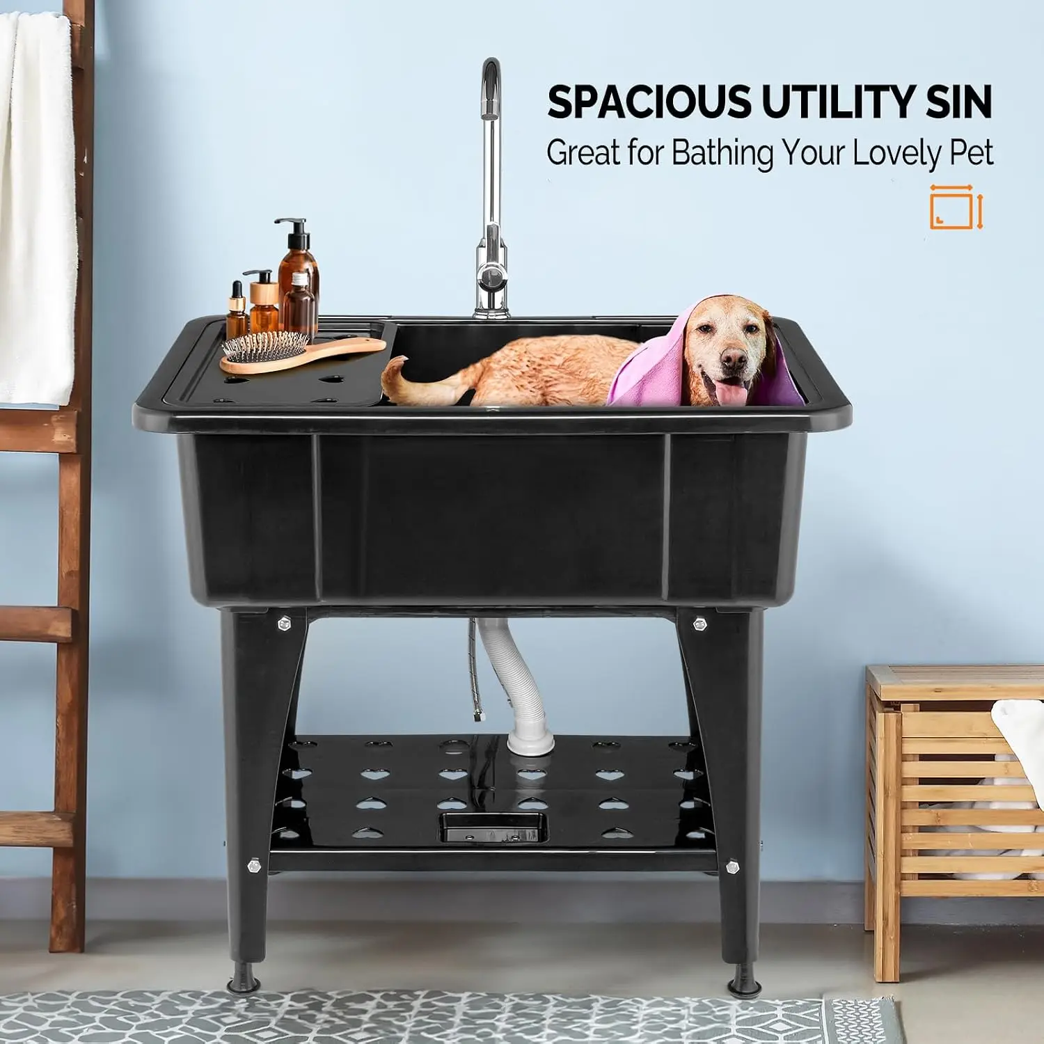 20-Gallon Utility Sink Laundry Tub for Washing Room, Freestanding Utility Sink with Stainless Steel Faucet, Black, 32W x 22 D x 36