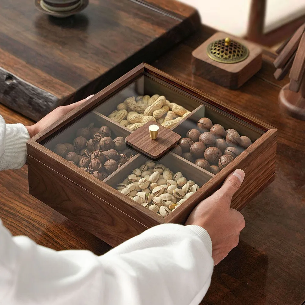 North American walnut dried fruit box tray tea table set living room fruit tray grid candy box nut tray dried fruit household