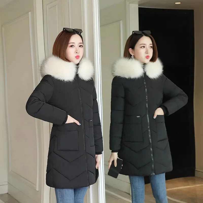 

2025 Winter Women Parka Coats Long Cotton Casual Fur Hooded s Thick Warm Slim-fit Female Overcoat Clothing