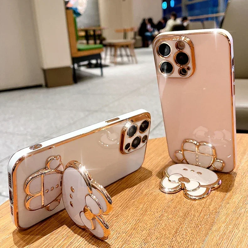 For iPhone 16 15 14 13 12 11 Pro 16Pro 15Pro Max X XR XS Max 8 7 Plus SE2 SE3 iphone15 Luxury Plating Holder Stand Phone Case