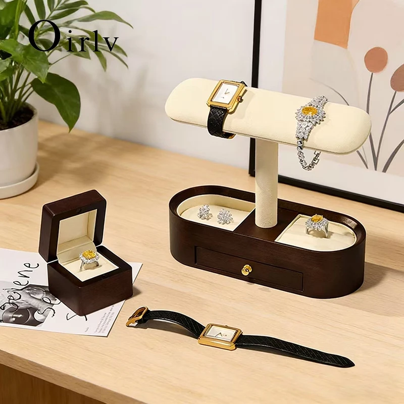 

Oirlv Walnut Wood Watch Display Stand Jewelry Organizer Necklaces Bracelets Rings Storage Rack T-bar Holder Watch Display Props