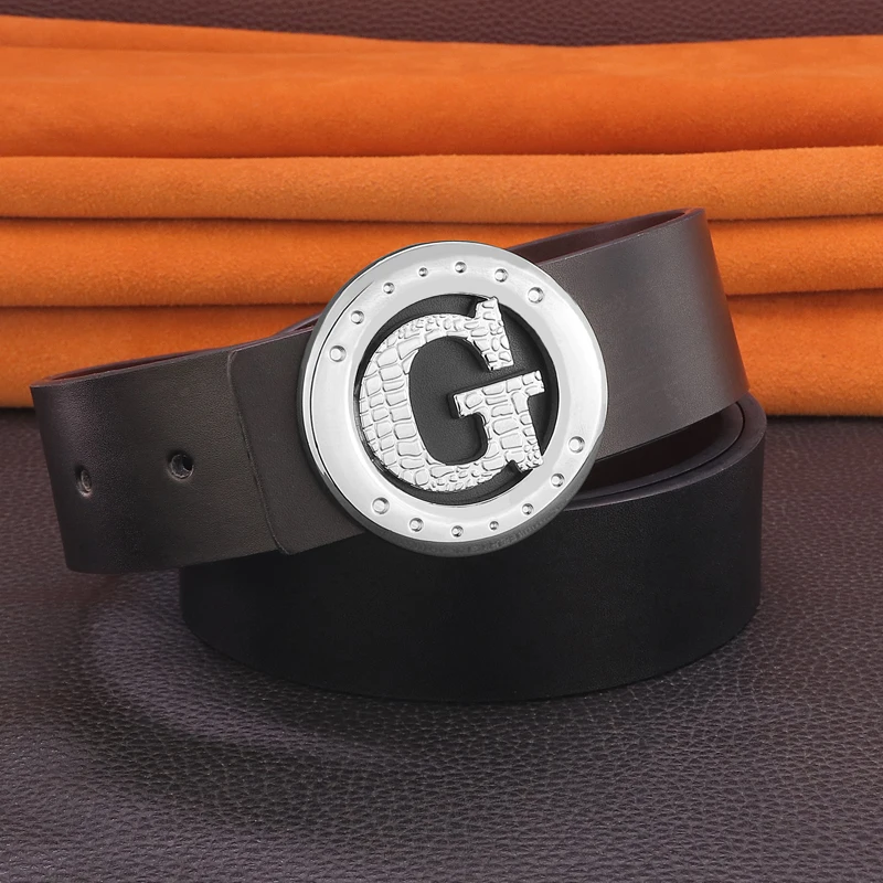 G レターバックルメンズベルト幅 3.8 センチメートル本革黒色ゴールデンウエストストラップ男性牛革