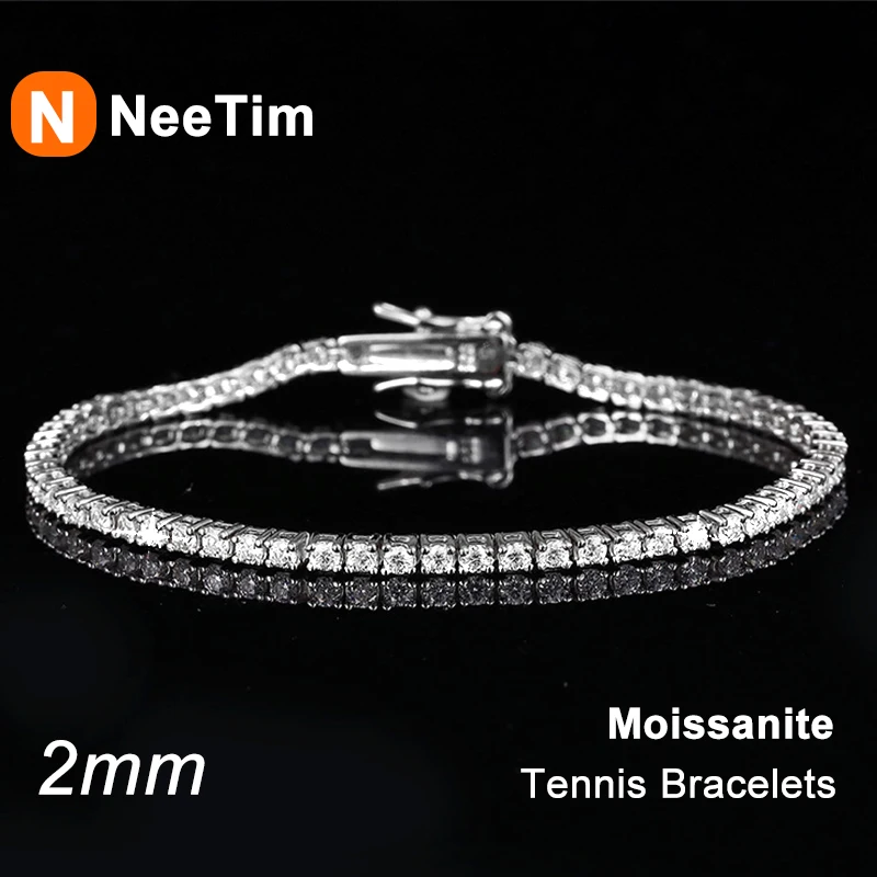 NeeTim 2mm D Color Moissanite Tennis Bracelet 925 Sterling Silver with White Gold Plated Bracelets for Women Pass Diamond Tester