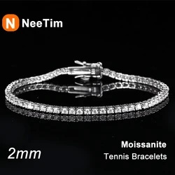 NeeTim 2mm D Color Moissanite Tennis Bracelet 925 Sterling Silver with White Gold Plated Bracelets for Women Pass Diamond Tester