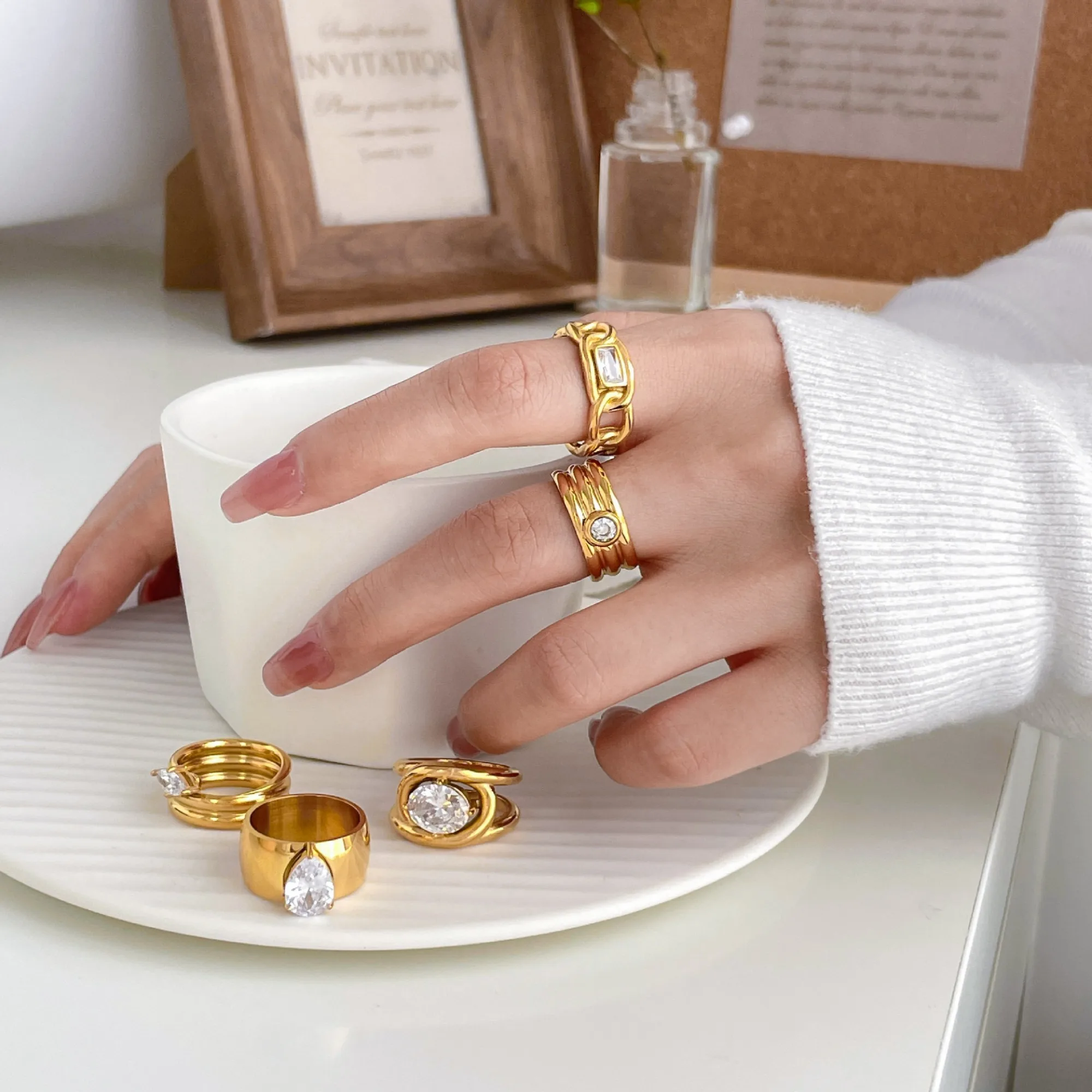 Big Oval Stone Statement Rings for Women Minimalist Dainty Boho 18k Gold Plated Stainless Steel Tarnish Free Jewelry Waterproof