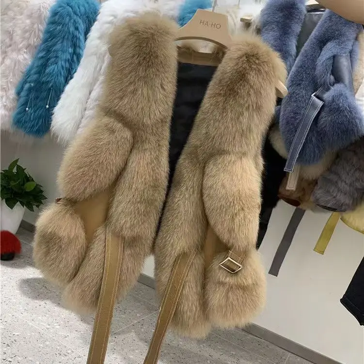 ฤดูหนาวผู้หญิงสั้นขนสัตว์เสื้อกั๊กเกาหลีเข็มขัด Fox Fur Coat เสื้อขนสัตว์เสื้อขนสัตว์และแจ็คเก็ตสตรีเสื้อกั๊ก Zm1106