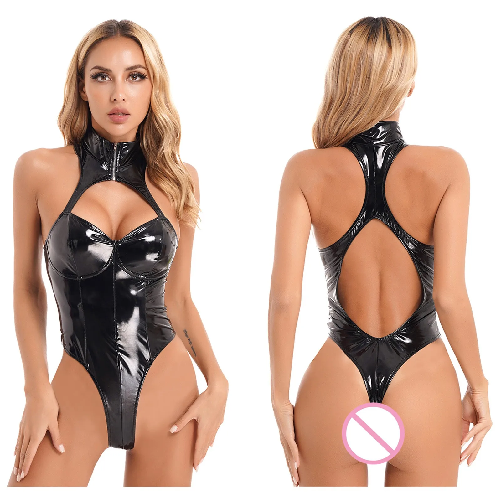 Womens Latex suit Bodysuit Leotard Wet Look Leather Latex Catsuit Rave Outfit Costumes Female Sleeveless Sexy bodysuit Clubwear