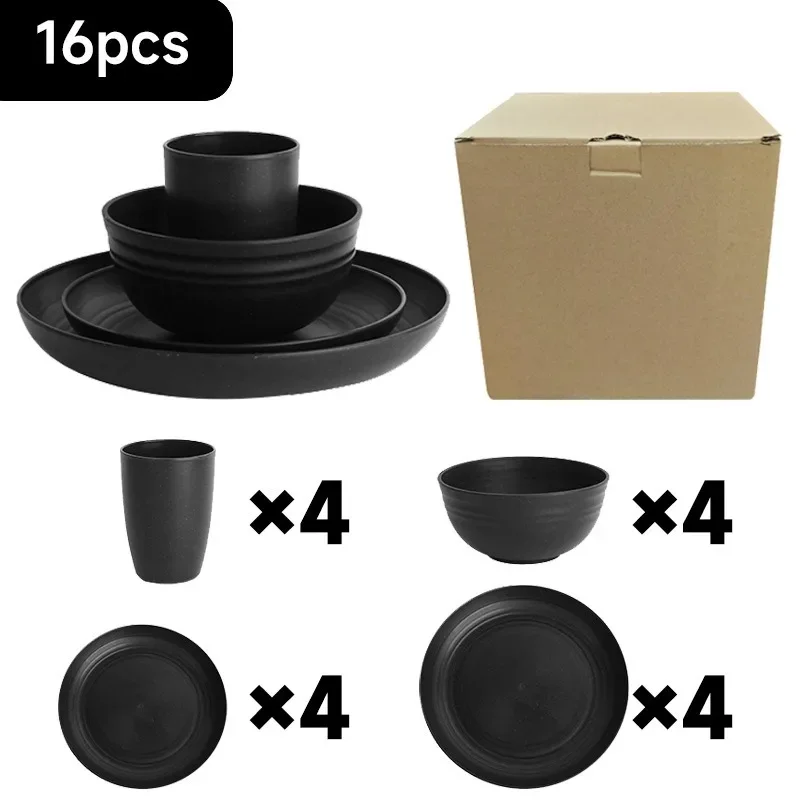 16Pcs Black Plastic Cutlery Set Reusable Plates Bowl Cups for Kitchen Outdoor Camping Party Dinnerware Dishes Set