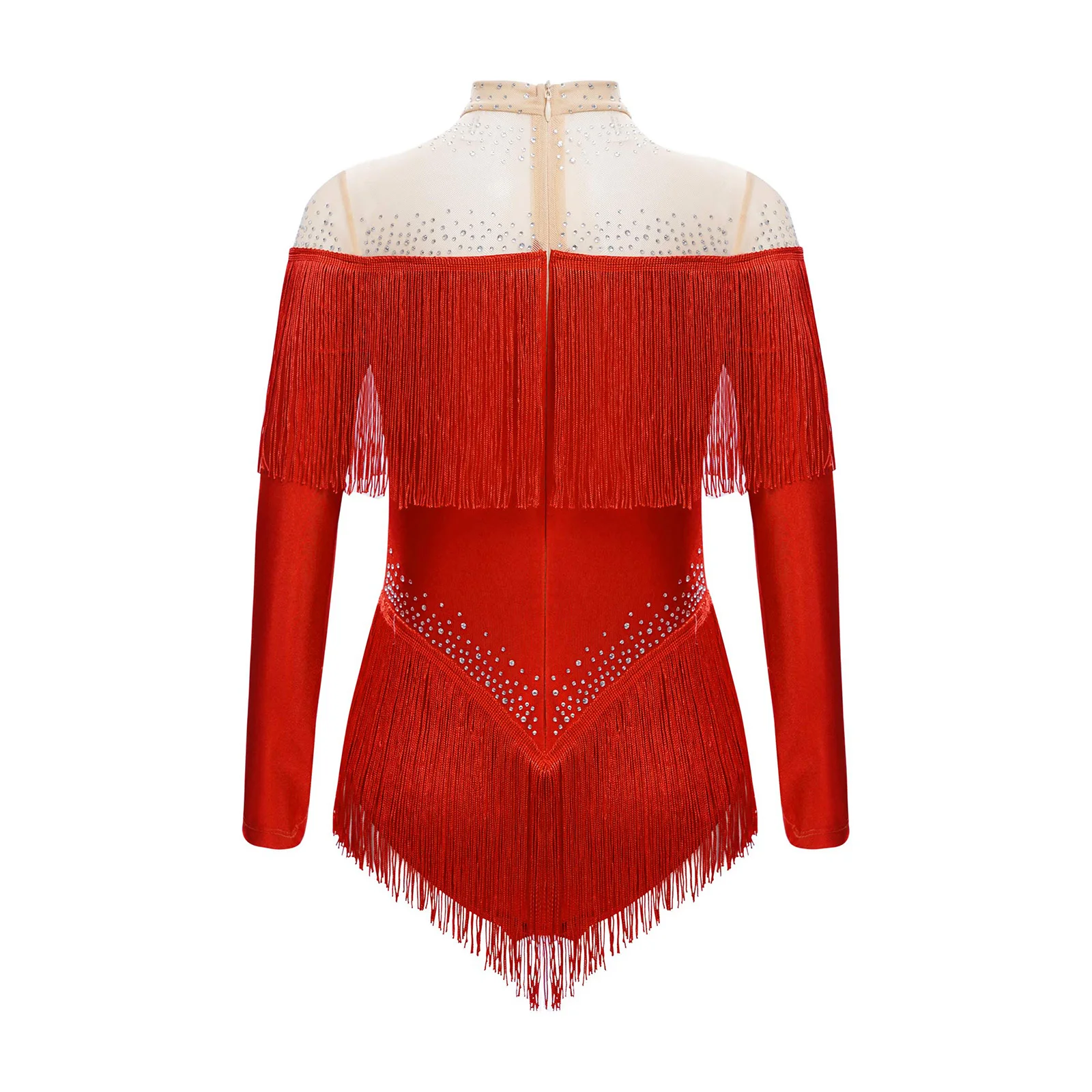 Bambini Ragazze Nappa Body da ballo latino Manica lunga Maglia trasparente Strass Tuta Sala da ballo Jazz Cha-Cha Tango Samba Dancewear