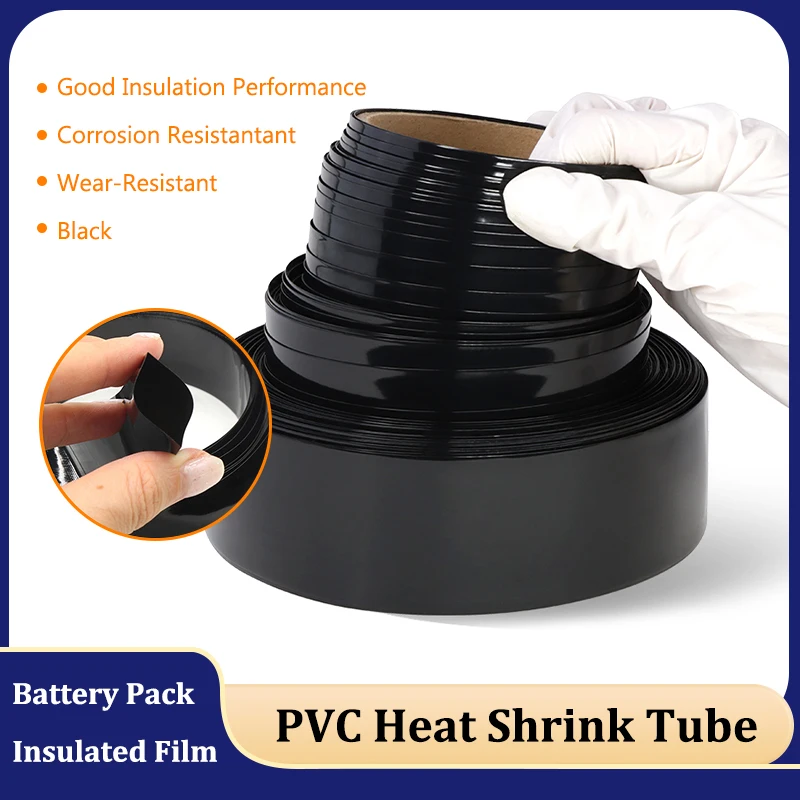 

18650 21700 Battery Pack PVC Heat Shrink Tube Width 7mm ~ 160mm Black Insulated Protection Film Wrap lithium Case Cable Sleeve