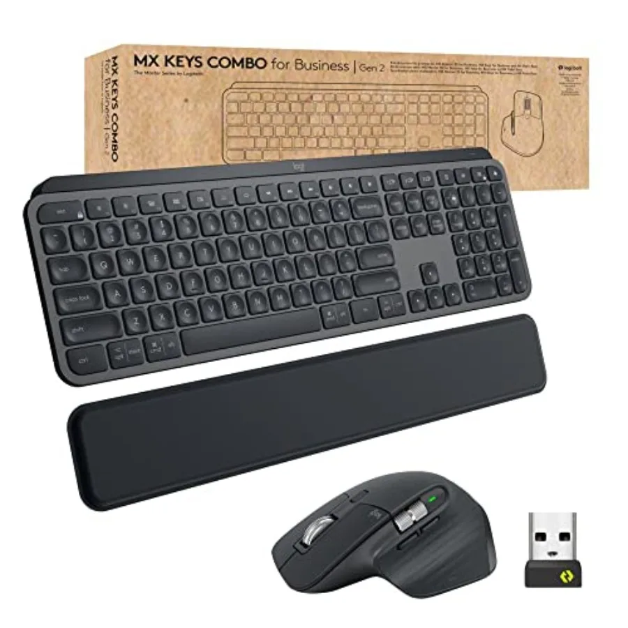 

Business wireless keyboard and mouse combo with palm rest graphite aluminum alloy quiet clicks Bluetooth/Logi Bolt compatible w
