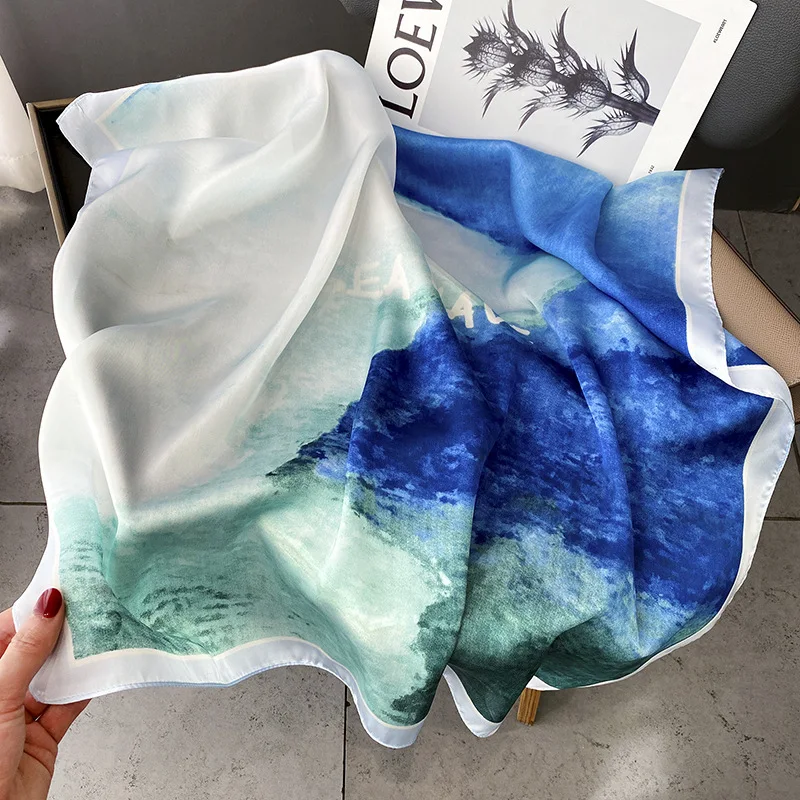 Blue sea oil painting gradient letters simple summer thin section 70*70cm Luxury woman square scarf silk scarf scarf female