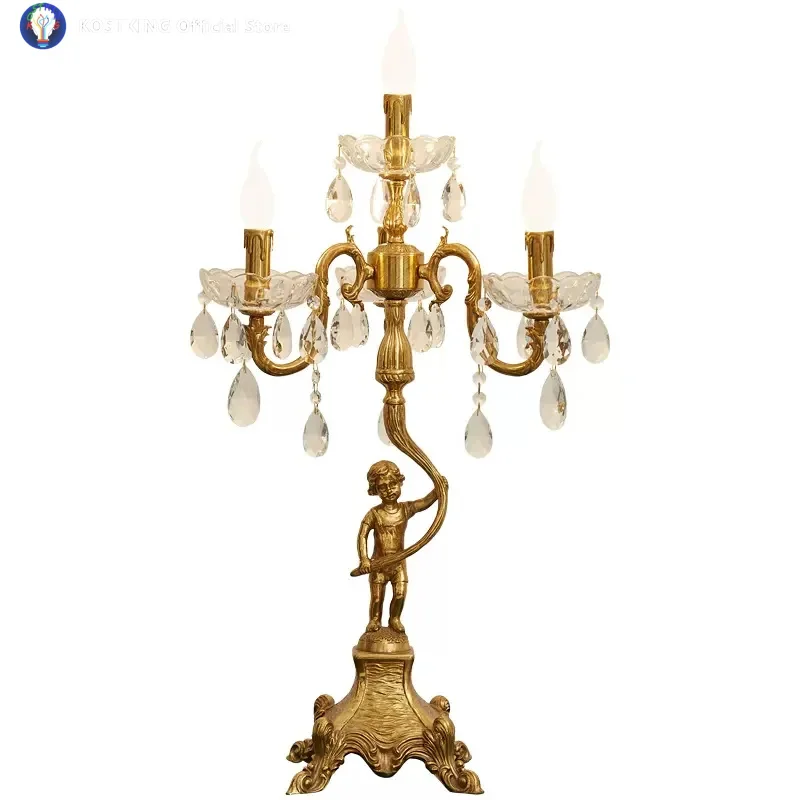 Baroque Style Copper Angel Table Light For Parlor Foyer Deco Led Candle Holder Wedding Classical Crystal Candlestick Desk Lamp