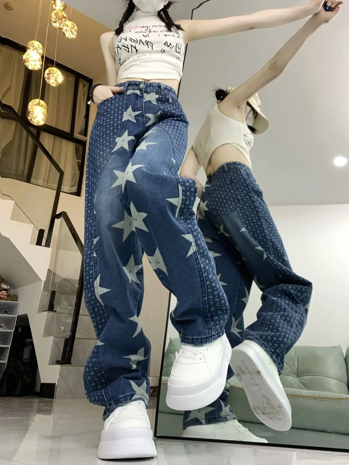 Jeans Blauw Gesplitst Sterontwerp Vintage Met Hoge Taille Voor Vrouwen 2024 Koreaanse Mode Y 2K Causale Denim Jeans Hiphop Punkbroek