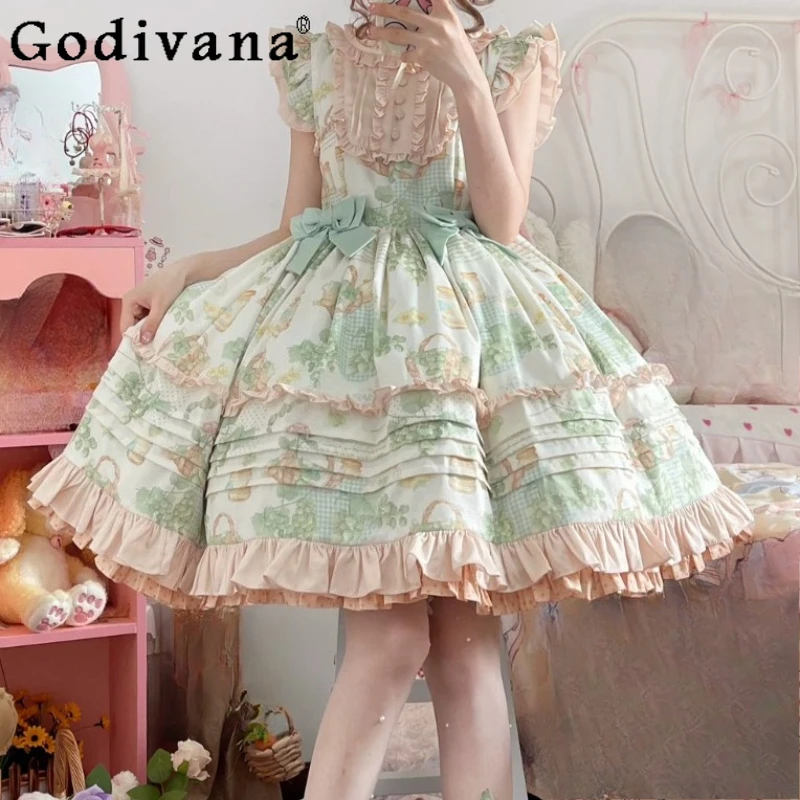 

Новое весенне-летнее повседневное платье с рюшами в стиле Лолита, элегантное многоярусное платье с завышенной талией, универсальное, омолаживающее, в стиле принцессы