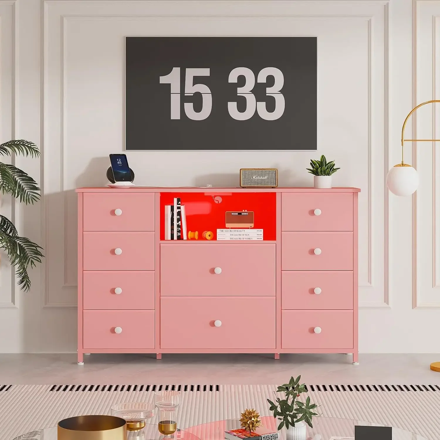 Dresser with Charging Station and LED Lights, Pink Dresser for Girls Bedroom, Bedroom Long Dresser TV Stand with 10 Draw