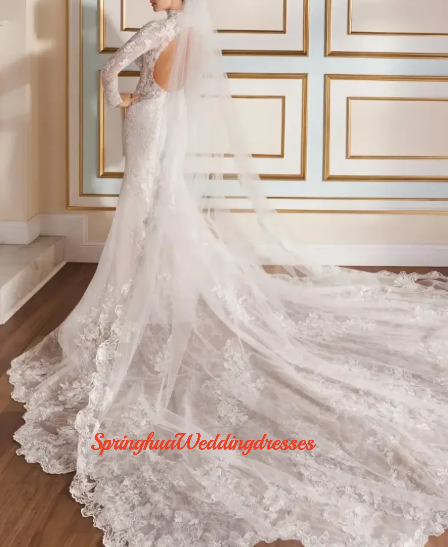 Customzied Manga Larga Cuello Alto Lace WeddingDress Minimalista Women Elegant Luxury Abiti Da Sposa Sartoriali Vintage Vestido