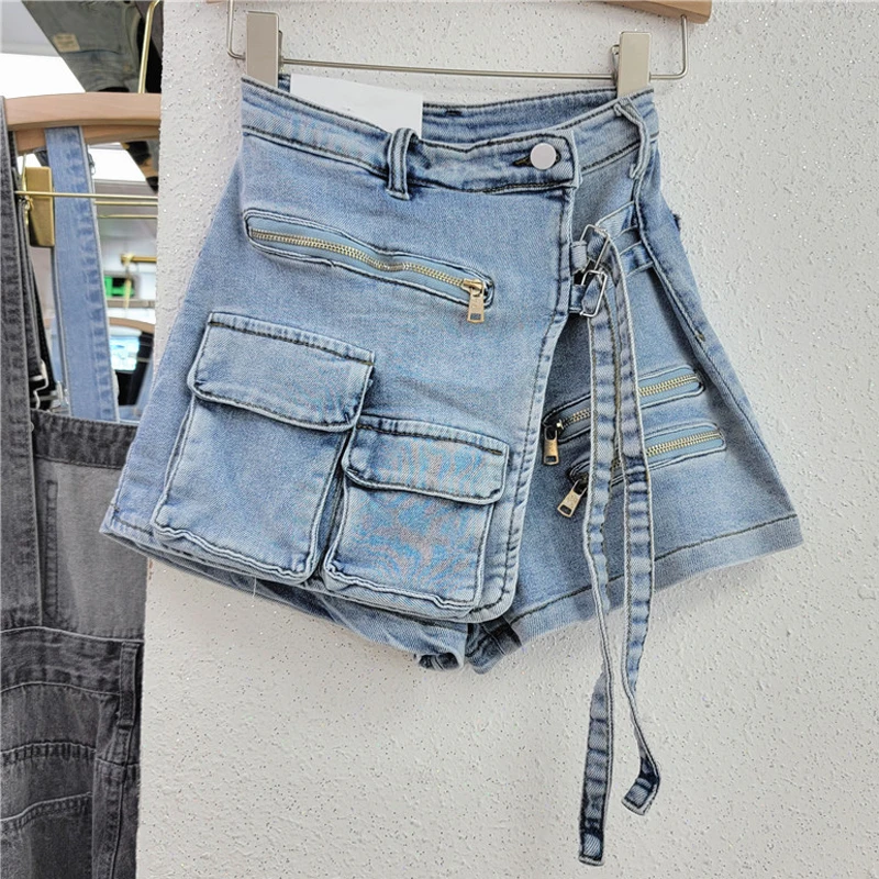Korean-style Irregular Multi-pocket Tooling A- line Shorts Women's Loose Wide-leg Pants Spring and Summer New Arrival Denim