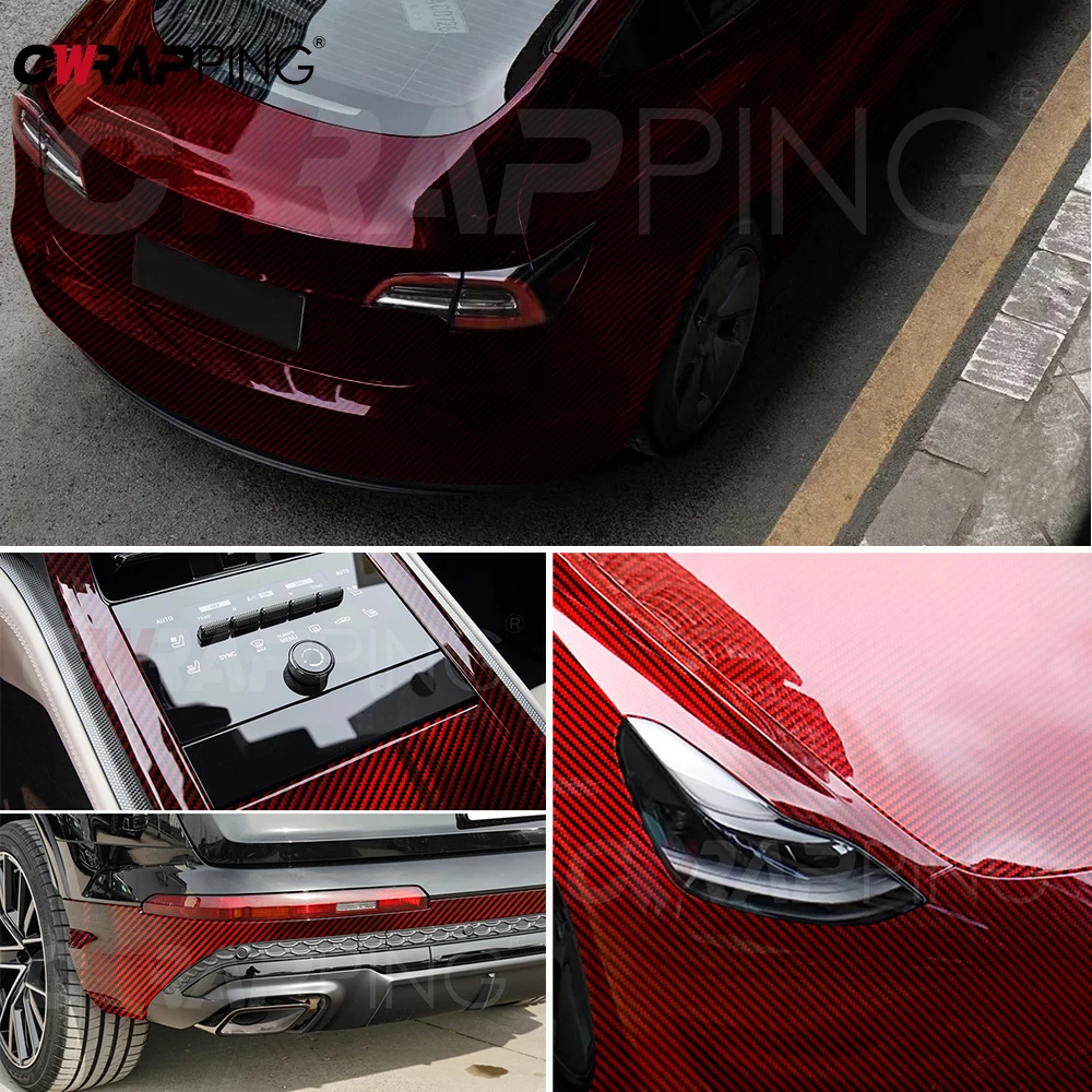 ألياف الكربون سيارة التفاف ملصق فينيل أحمر لامع خالية من الفقاعات مقاوم للماء ذاتية اللصق زين تصفيف السيارة اكسسوارات السيارات #6