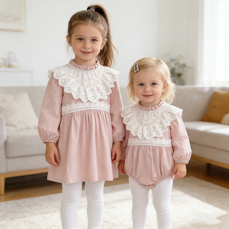 2026 neue Frühling Schwester Kleidung Mädchen Party Kleid 2-6Yrs Lange Ärmeln Prinzessin Kleid 0-24M Baby Mädchen spitze Spleißen Baumwolle Strampler