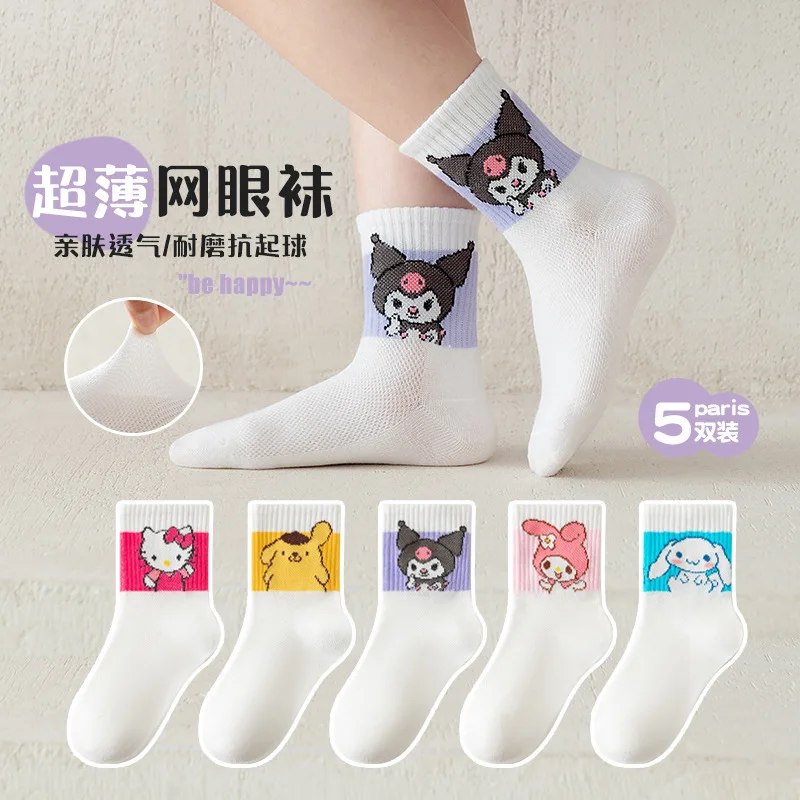 

5 Pairs Hello Kitty Kids Thin Socks Kawaii New Summer Cartoon Children Mid-calf Cotton Sock for Girls and Boys Gifts 1-12 Years