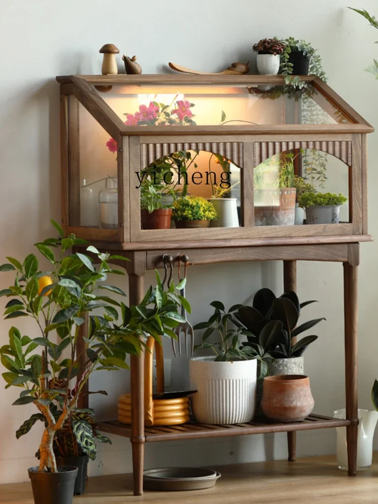 a2  Nordic Retro Black Walnut Balcony Glass Flower Stand Courtyard Shelf